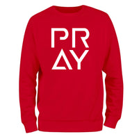 a red sweatshirt with the words pray printed on it