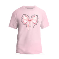 a pink t - shirt with a heart and a cross