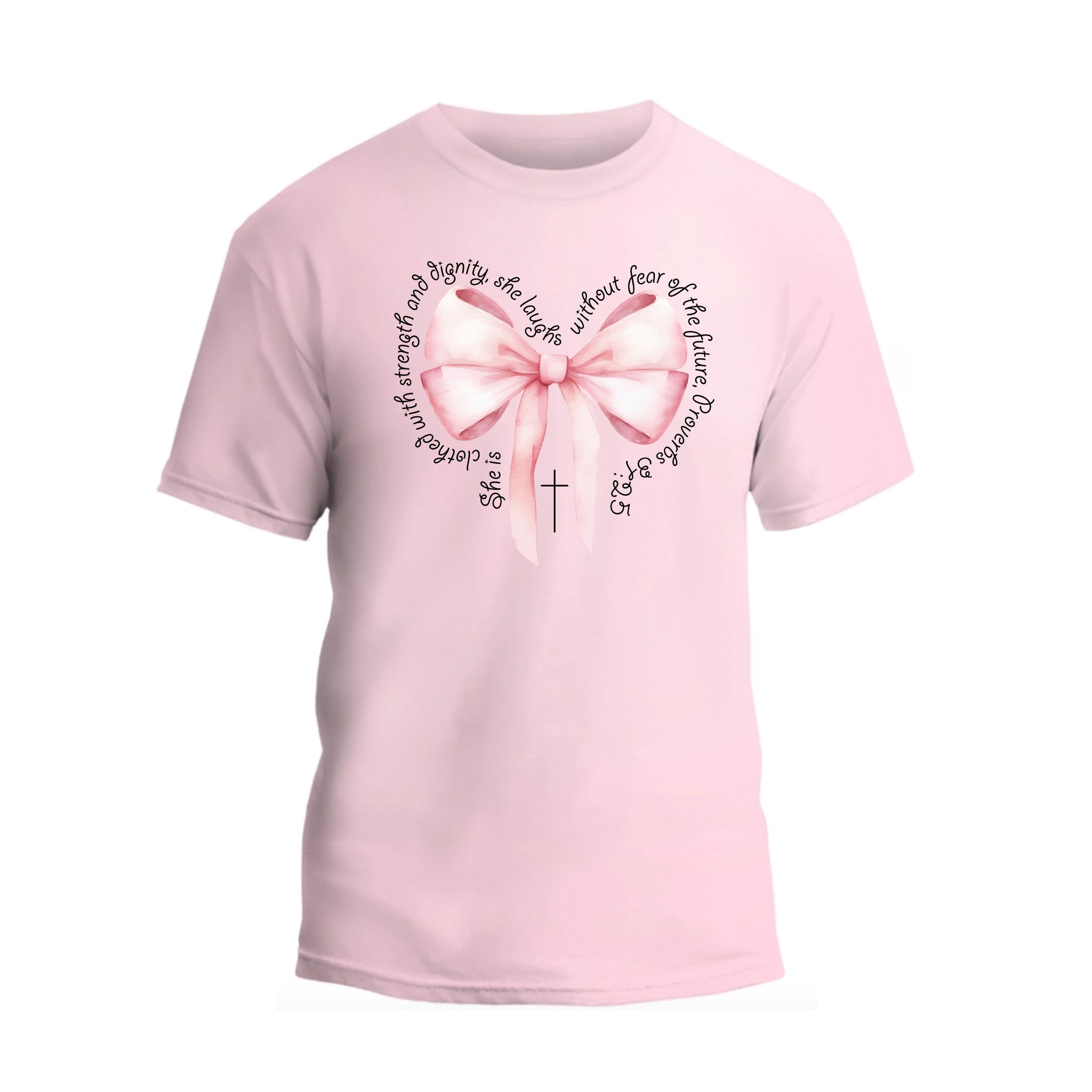 a pink t - shirt with a heart and a cross