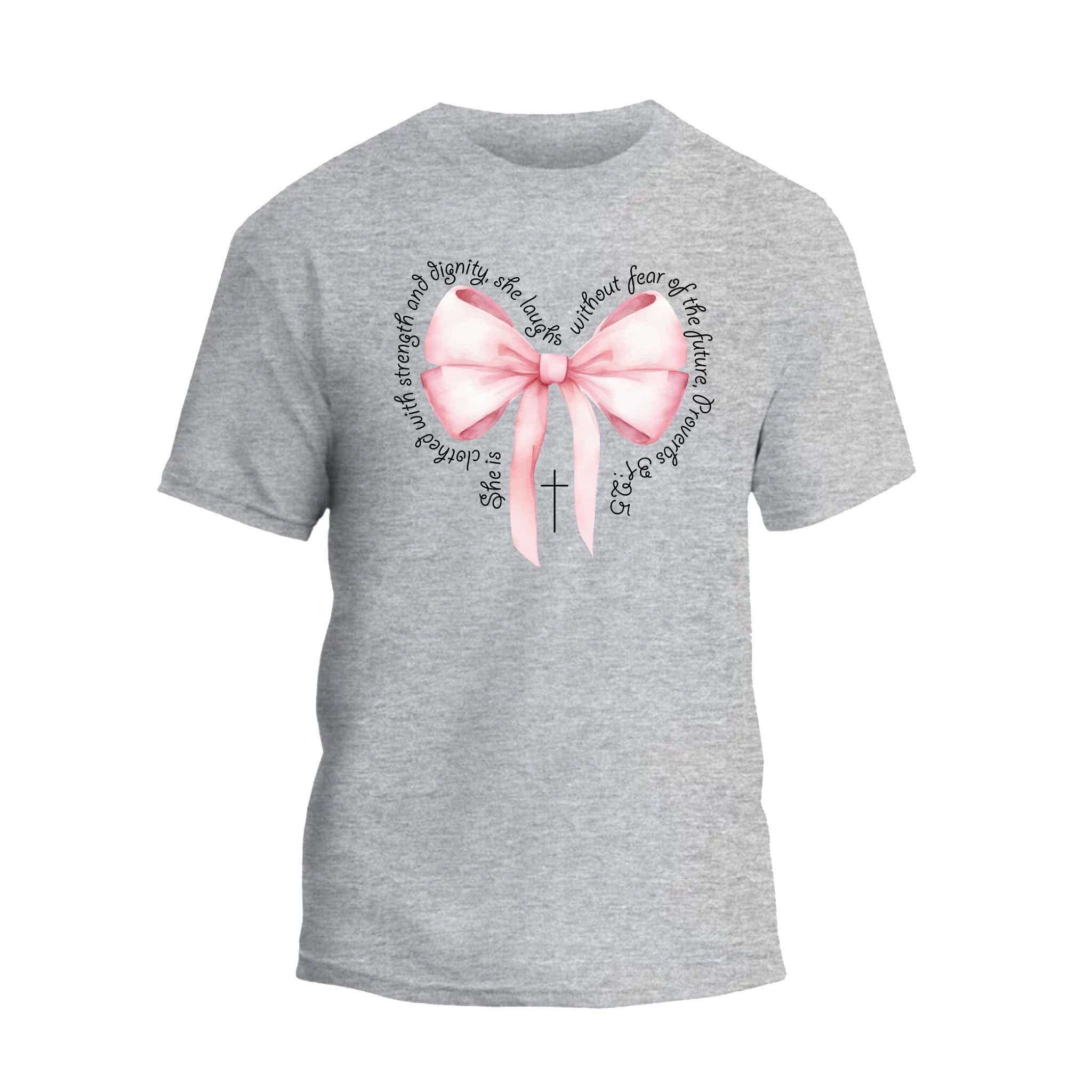 a gray shirt with a pink bow on it