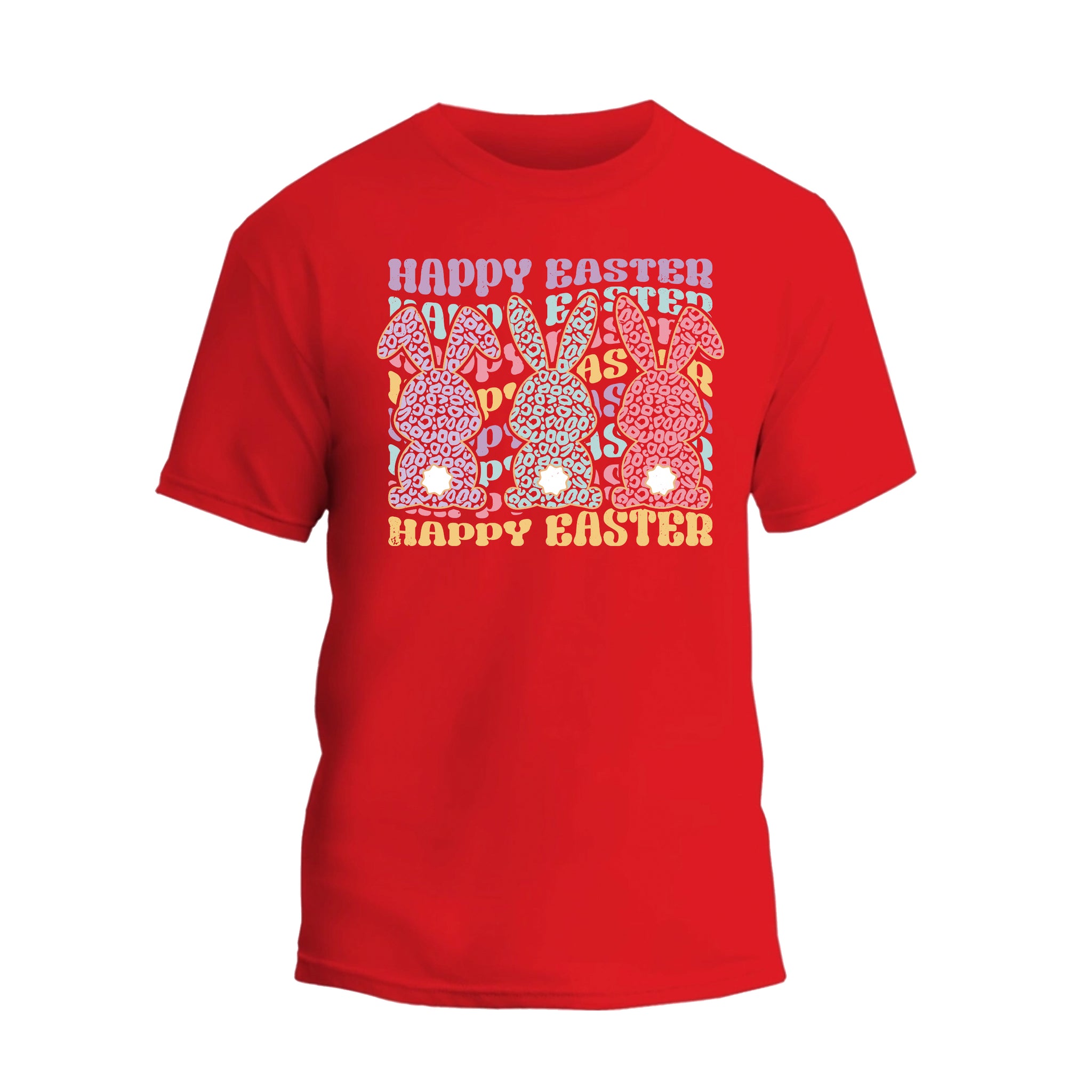 a red t - shirt that says happy easter