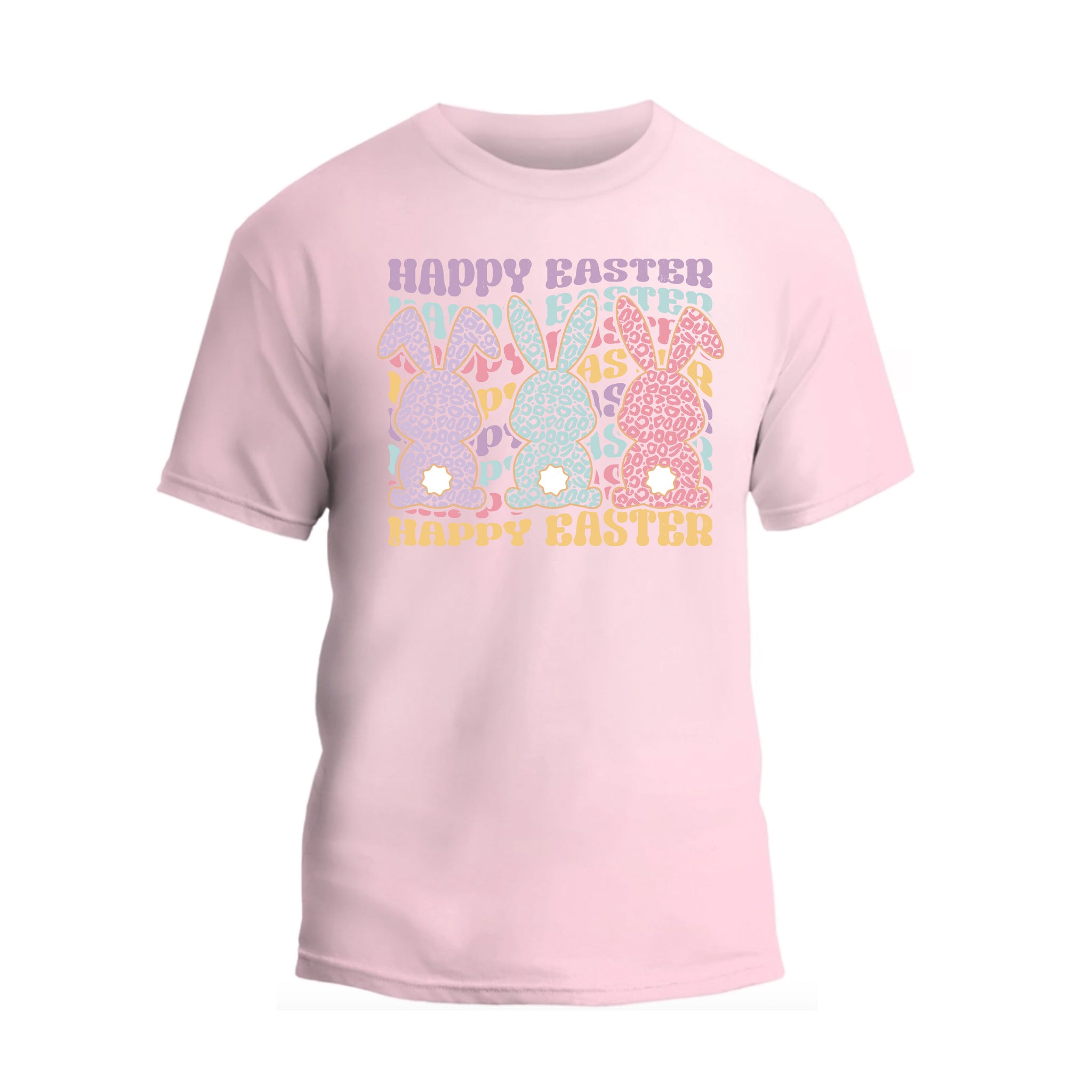 a pink t - shirt that says happy easter