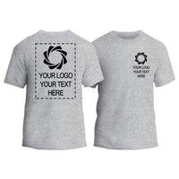 a gray t - shirt with a black and white logo