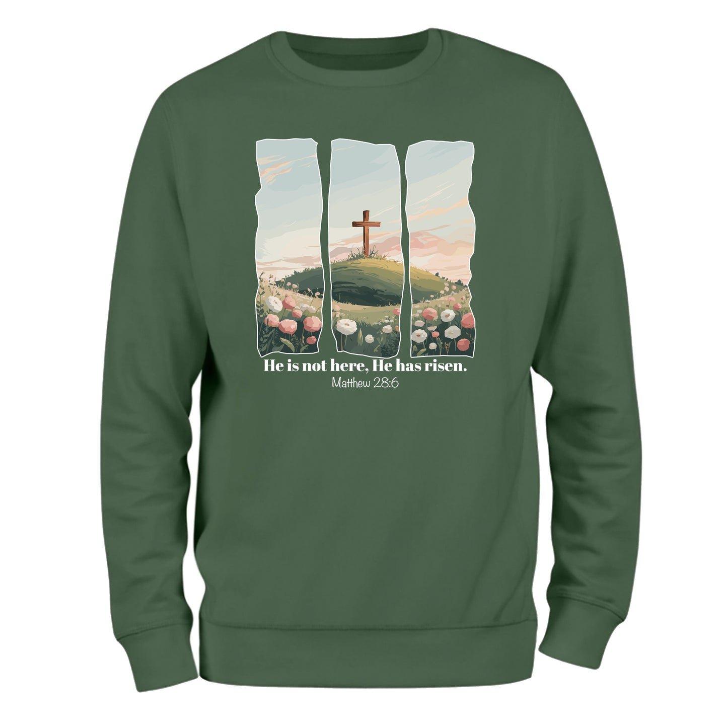 a green sweatshirt with a picture of a cross on it