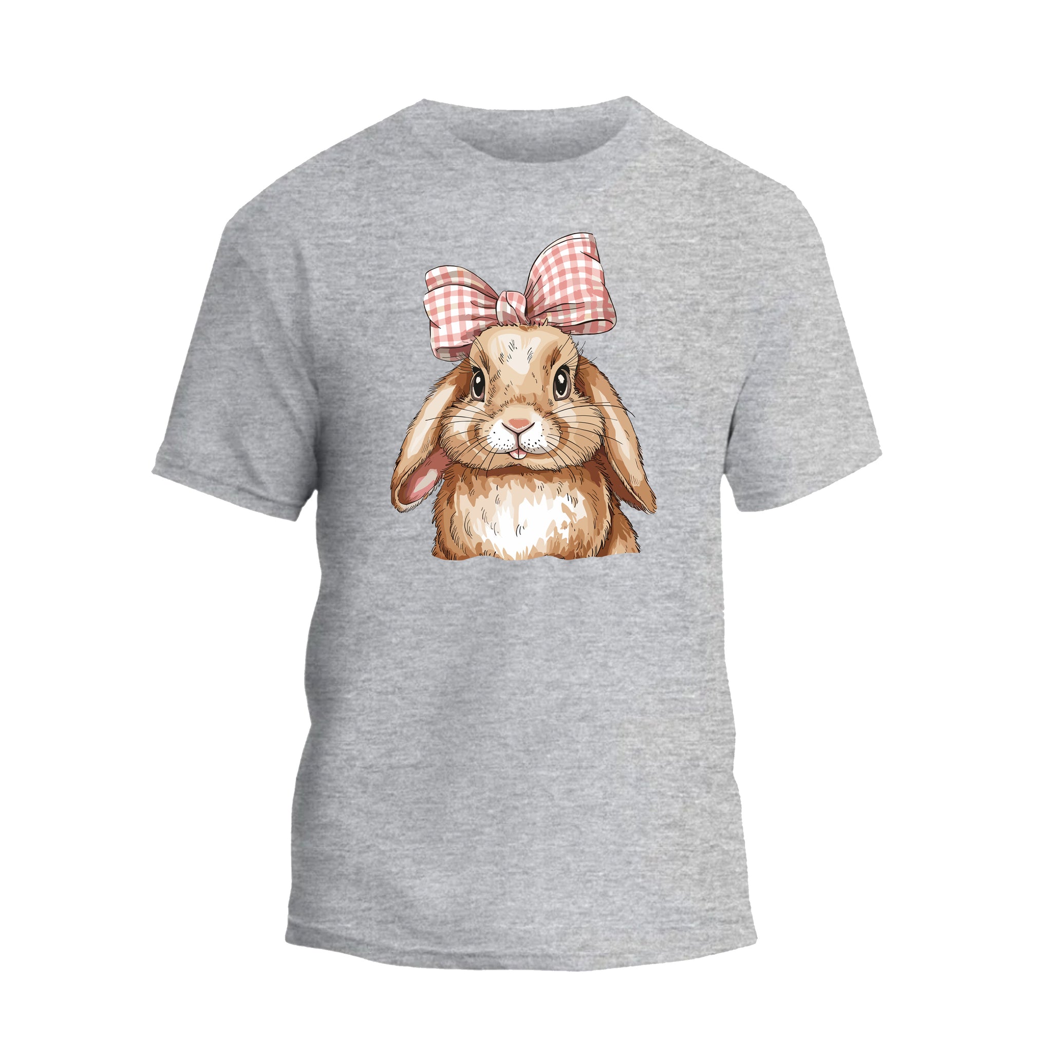 a grey t - shirt with a rabbit wearing a bow
