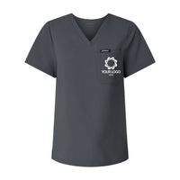 a women's v - neck shirt with a logo on the chest