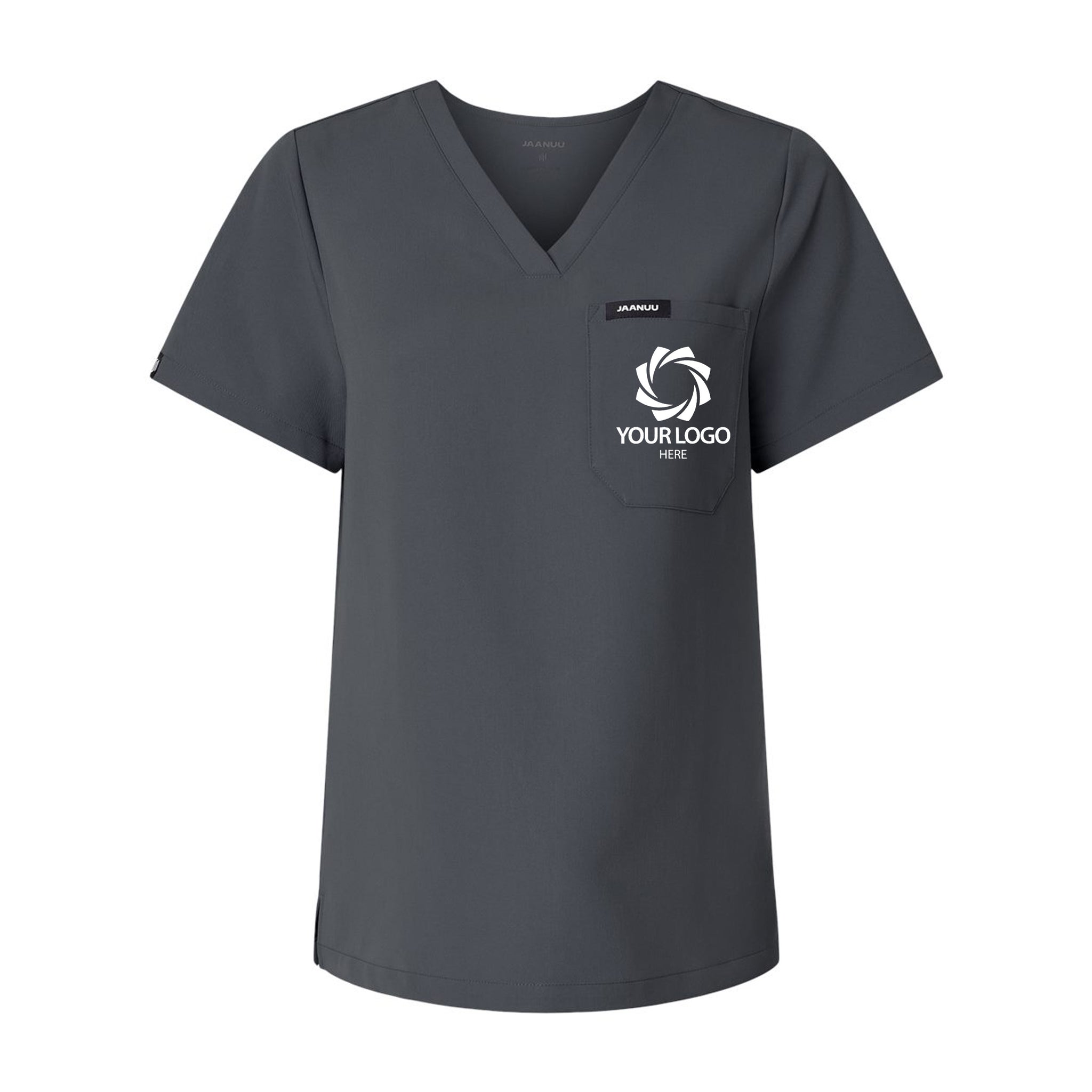 a women's v - neck shirt with a logo on the chest