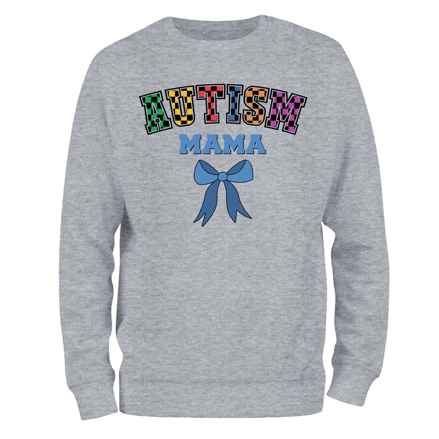 a grey sweatshirt with the words autism and a blue bow