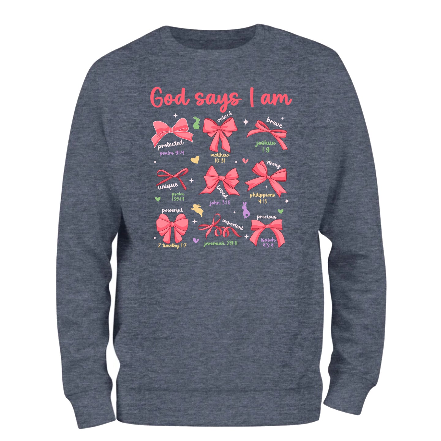 a blue sweatshirt with red bows on it