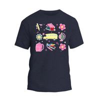 a t - shirt with a school bus and school supplies on it