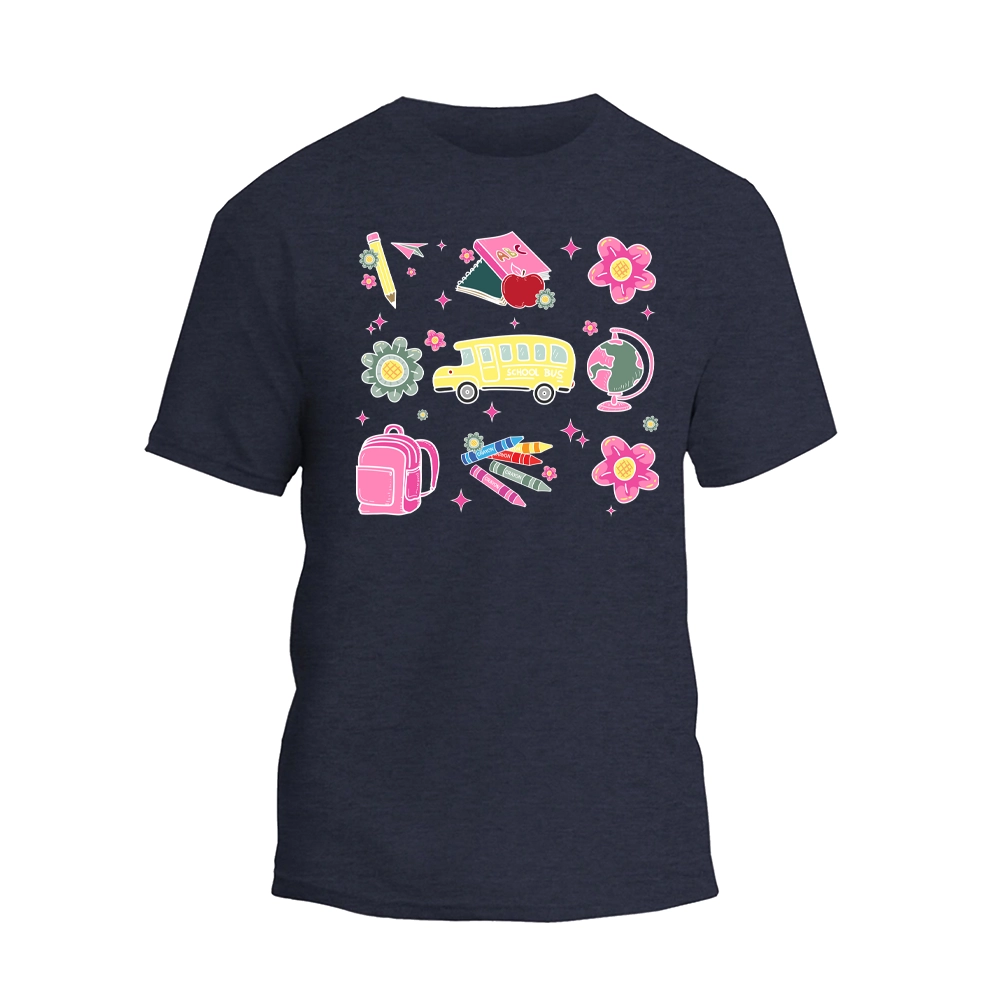 a t - shirt with a school bus and school supplies on it