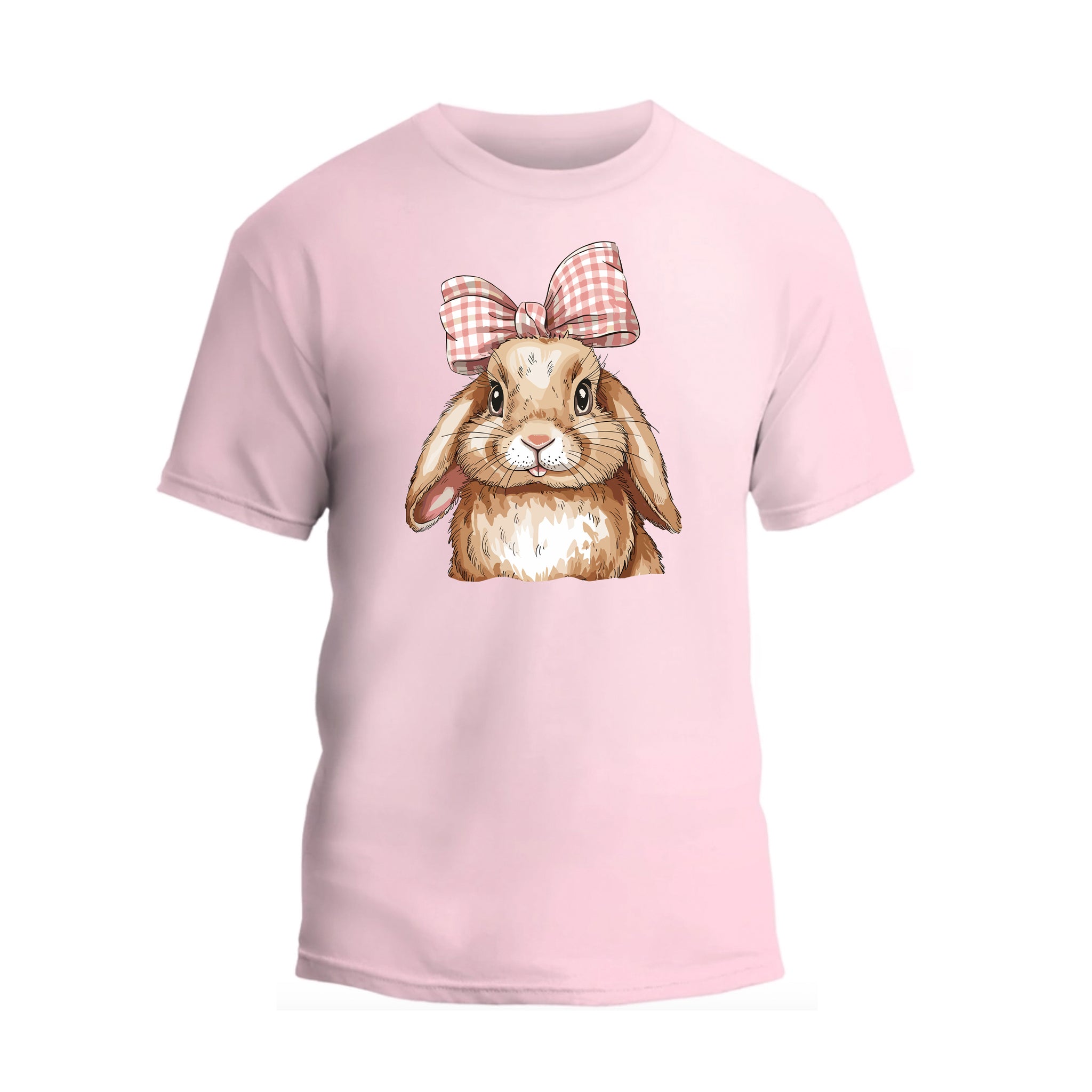 a pink t - shirt with an image of a rabbit wearing a bow