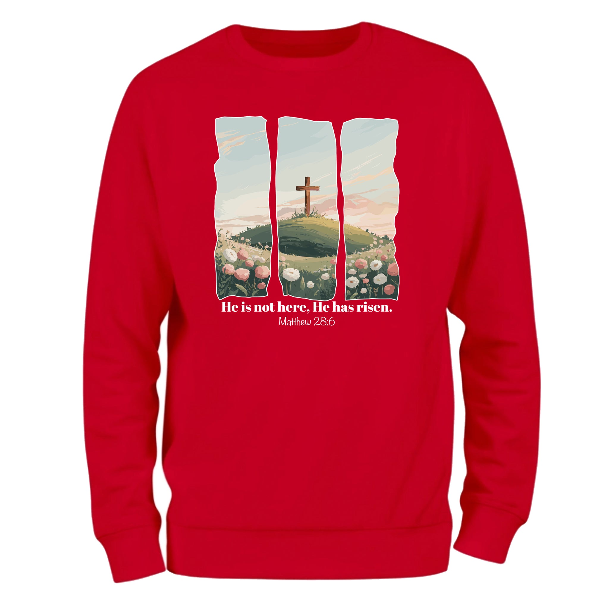 a red sweatshirt with a picture of a cross on it