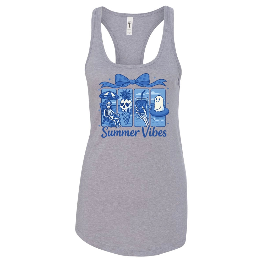A gray tank top with a graphic design featuring a skeleton, a ghost, and a palm tree, along with the text "Summer Vibes" printed on it.