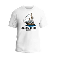 a white t - shirt with a sailing the tea logo on it