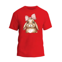 a red t - shirt with a picture of a rabbit wearing a bow