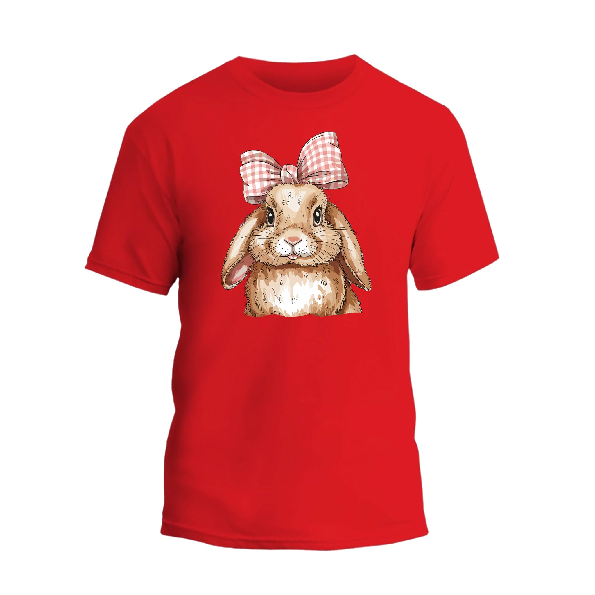 a red t - shirt with a picture of a rabbit wearing a bow
