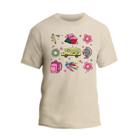 a white t - shirt with a picture of a school bus