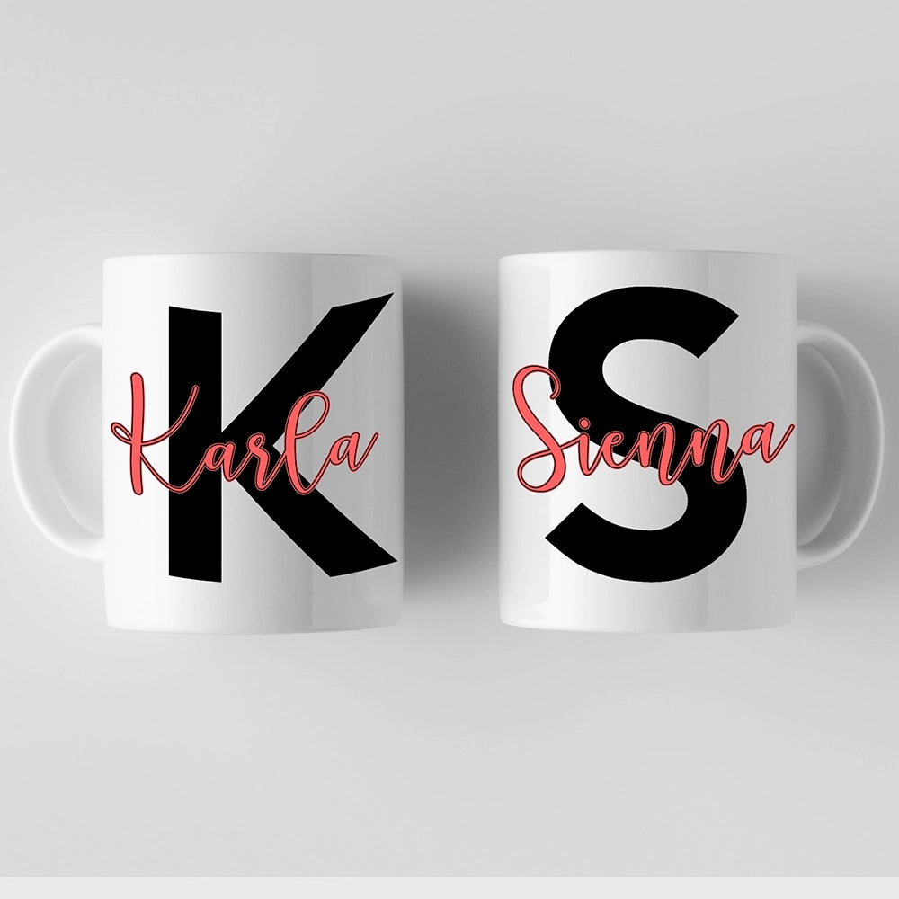 two coffee mugs with the letters k and s on them