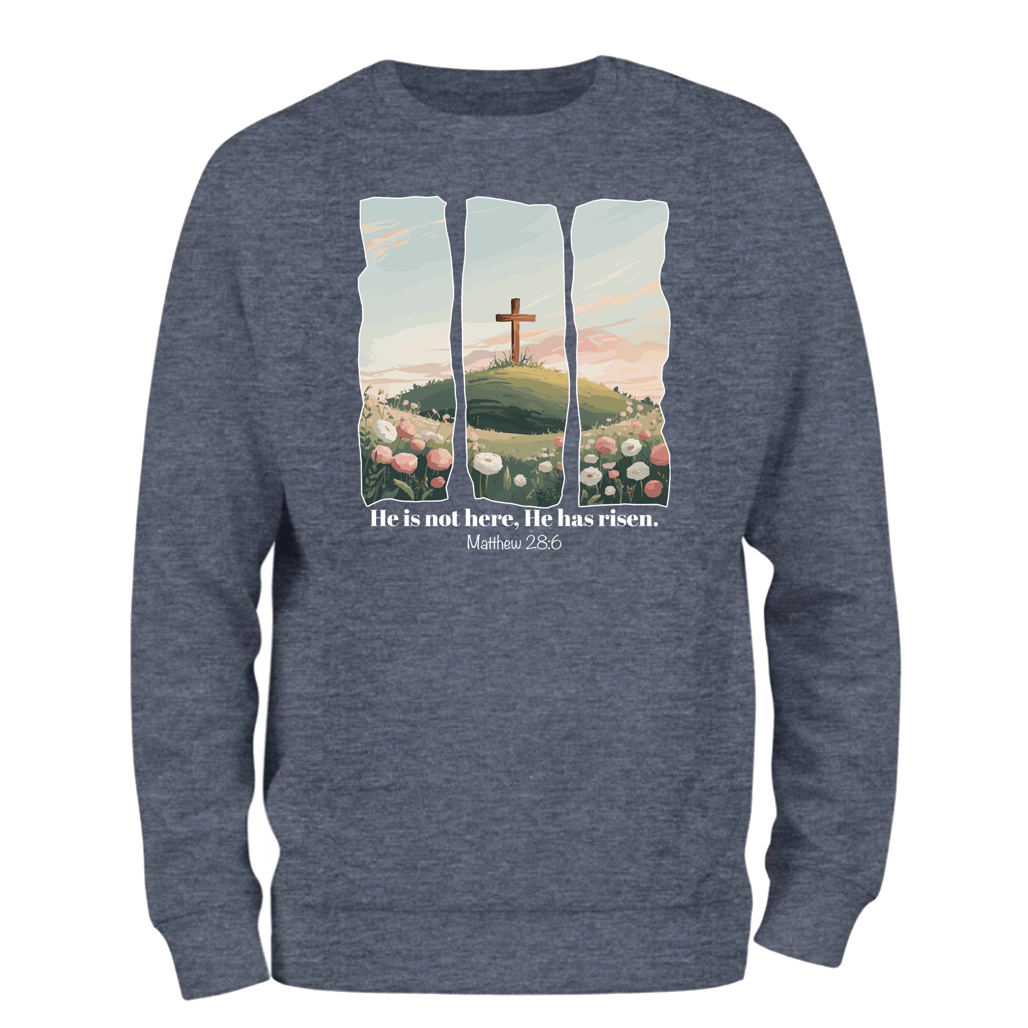 a blue sweatshirt with a picture of a cross on it