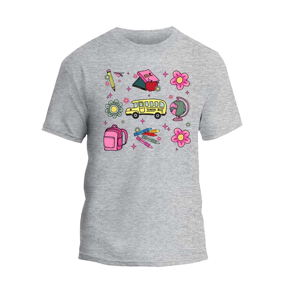 a grey t - shirt with a bunch of different items on it