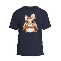 a blue t - shirt with a rabbit wearing a bow