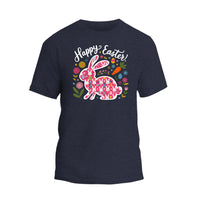 a t - shirt that says happy easter with an image of a bunny
