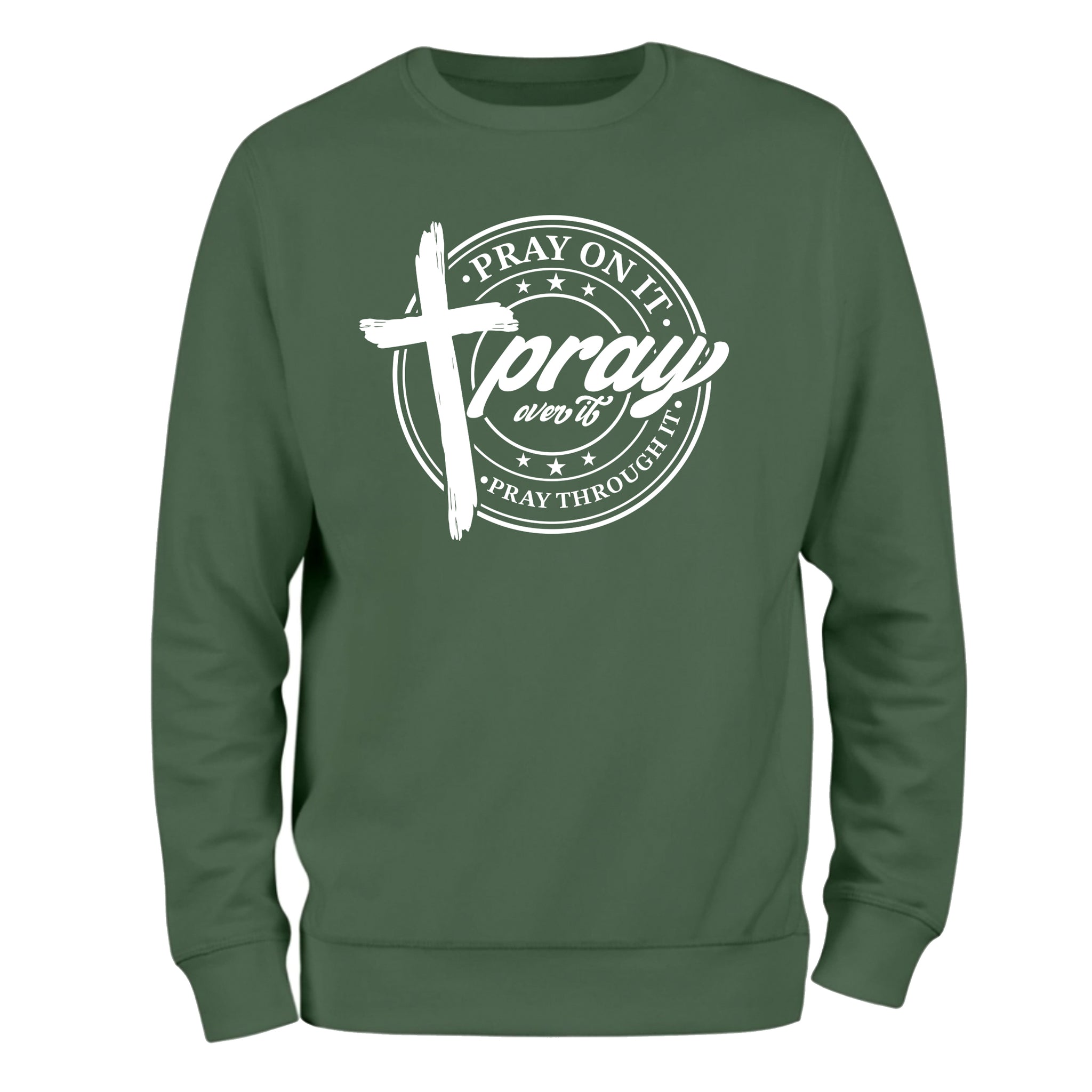 a green sweatshirt with the words pray on it