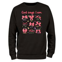 a black sweatshirt with pink bows on it