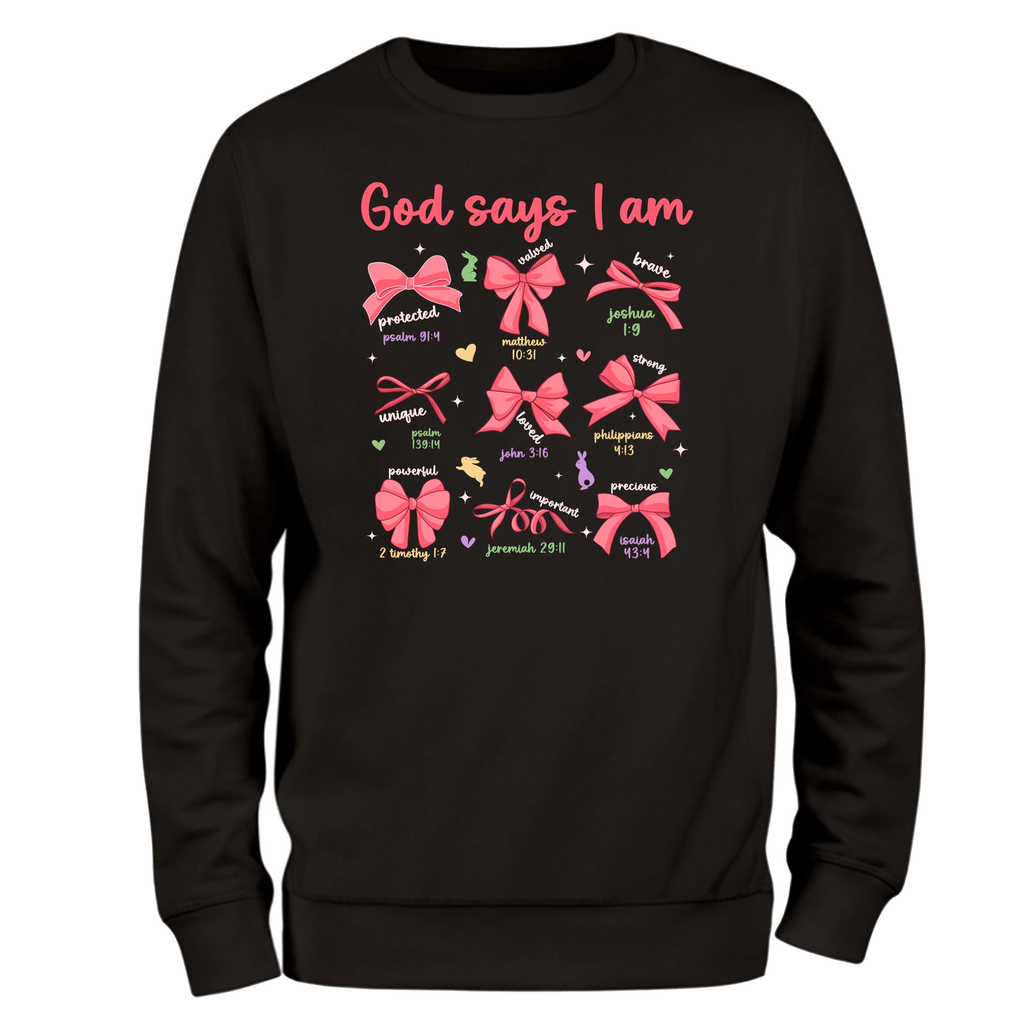 a black sweatshirt with pink bows on it