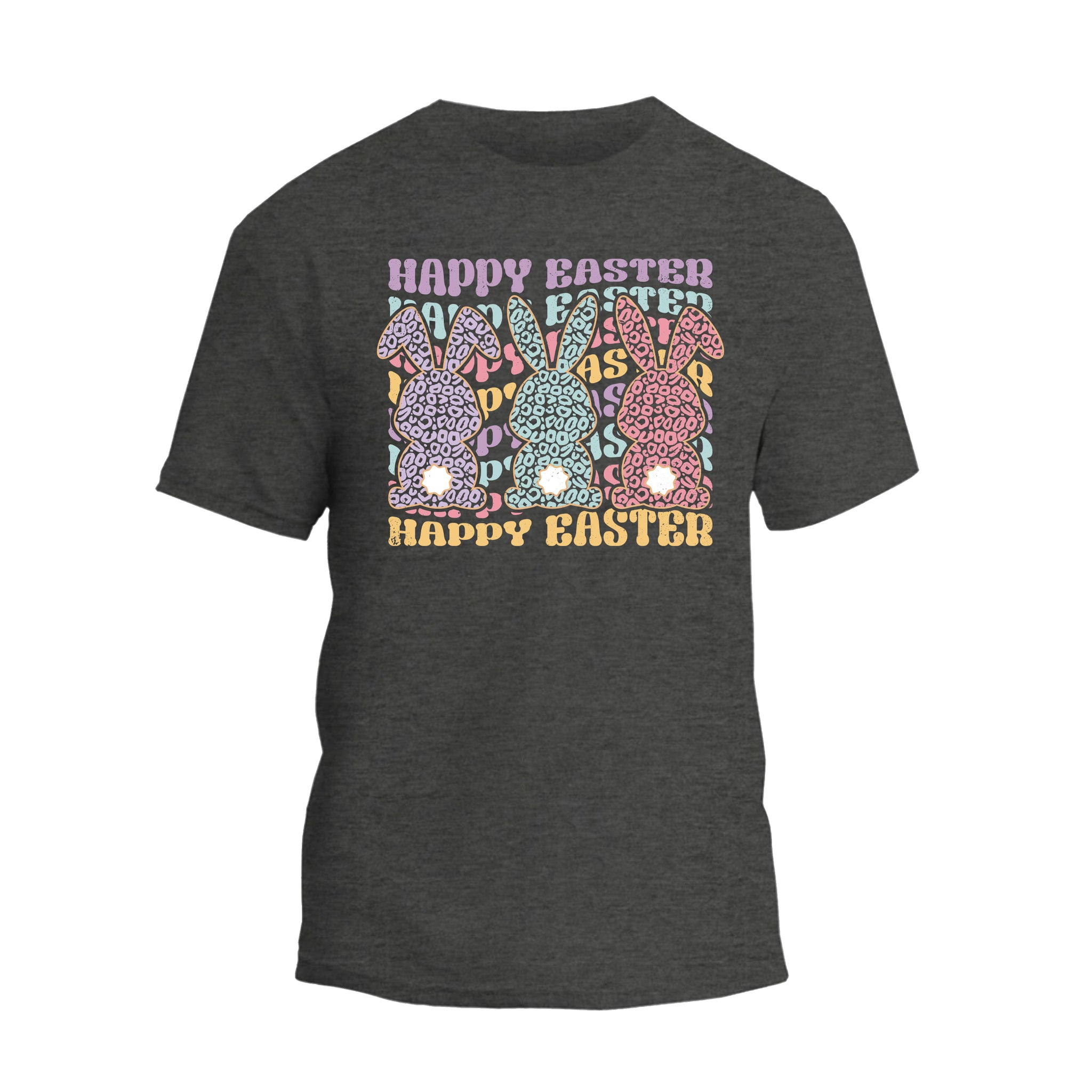 a black t - shirt with the words happy easter on it