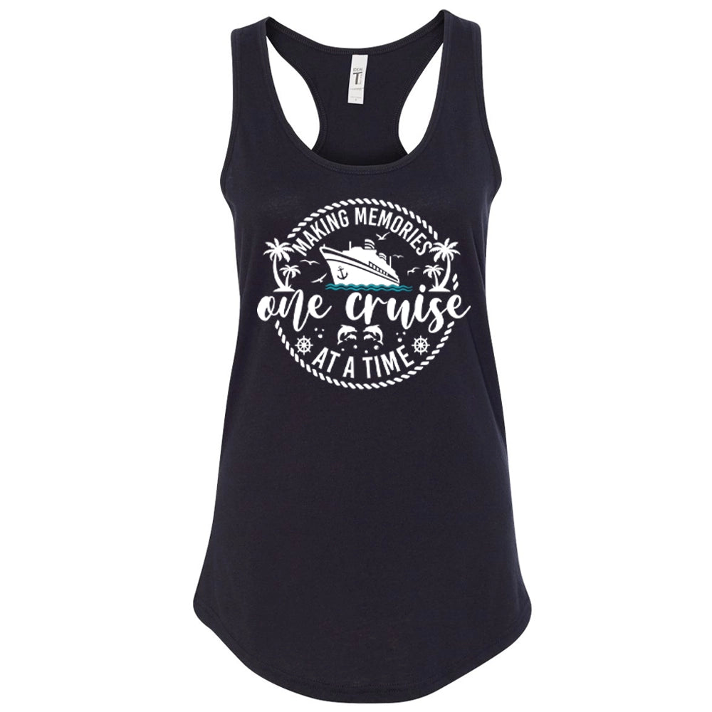 A black tank top with a graphic design featuring a cruise ship and the text "Making memories one cruise at a time".