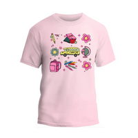 a pink t - shirt with a bunch of different items on it