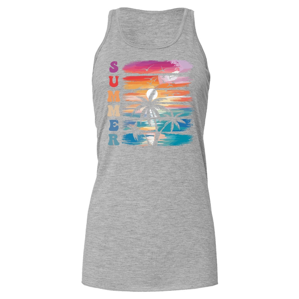 A gray tank top with a colorful graphic design depicting a sunset over a beach.