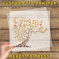 a hand holding a transparent sheet with a tree design and text on it, placed on a wooden surface.