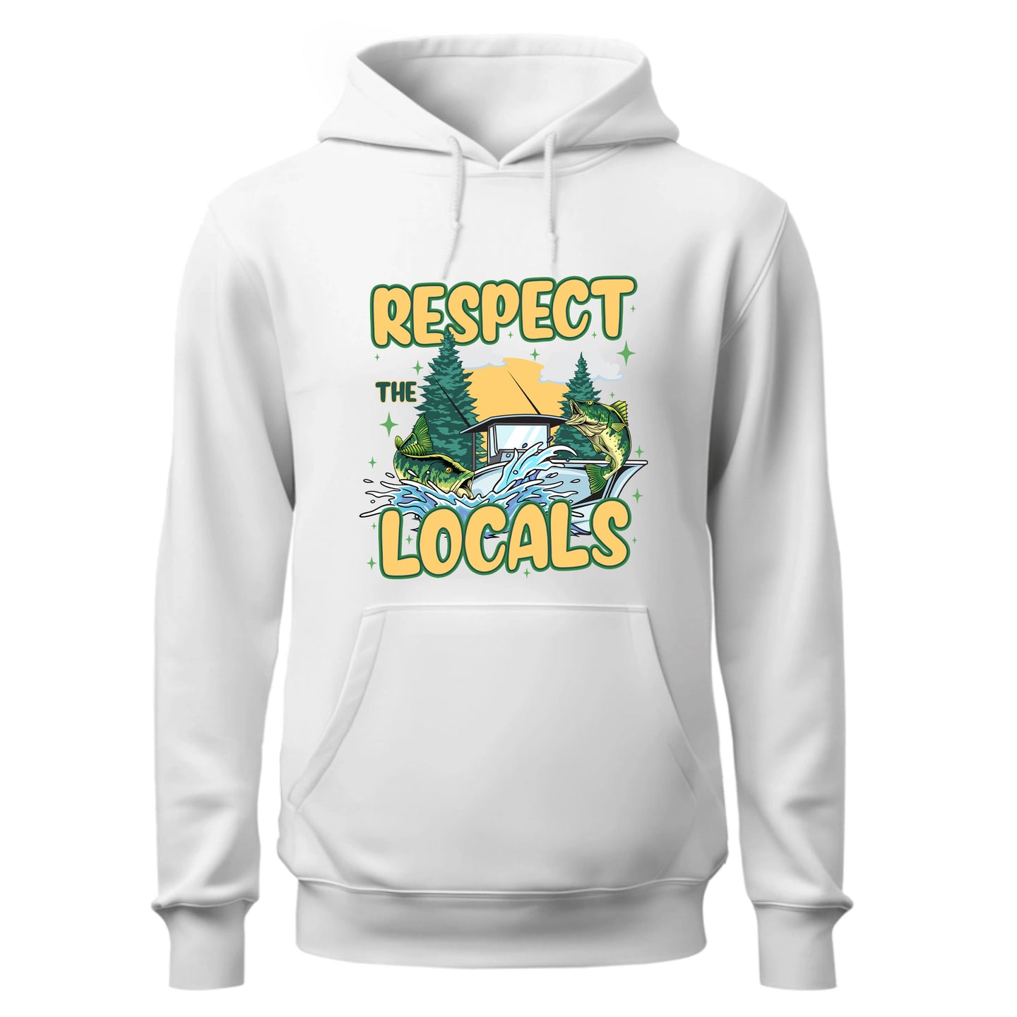 a white hoodie that says respect the locals
