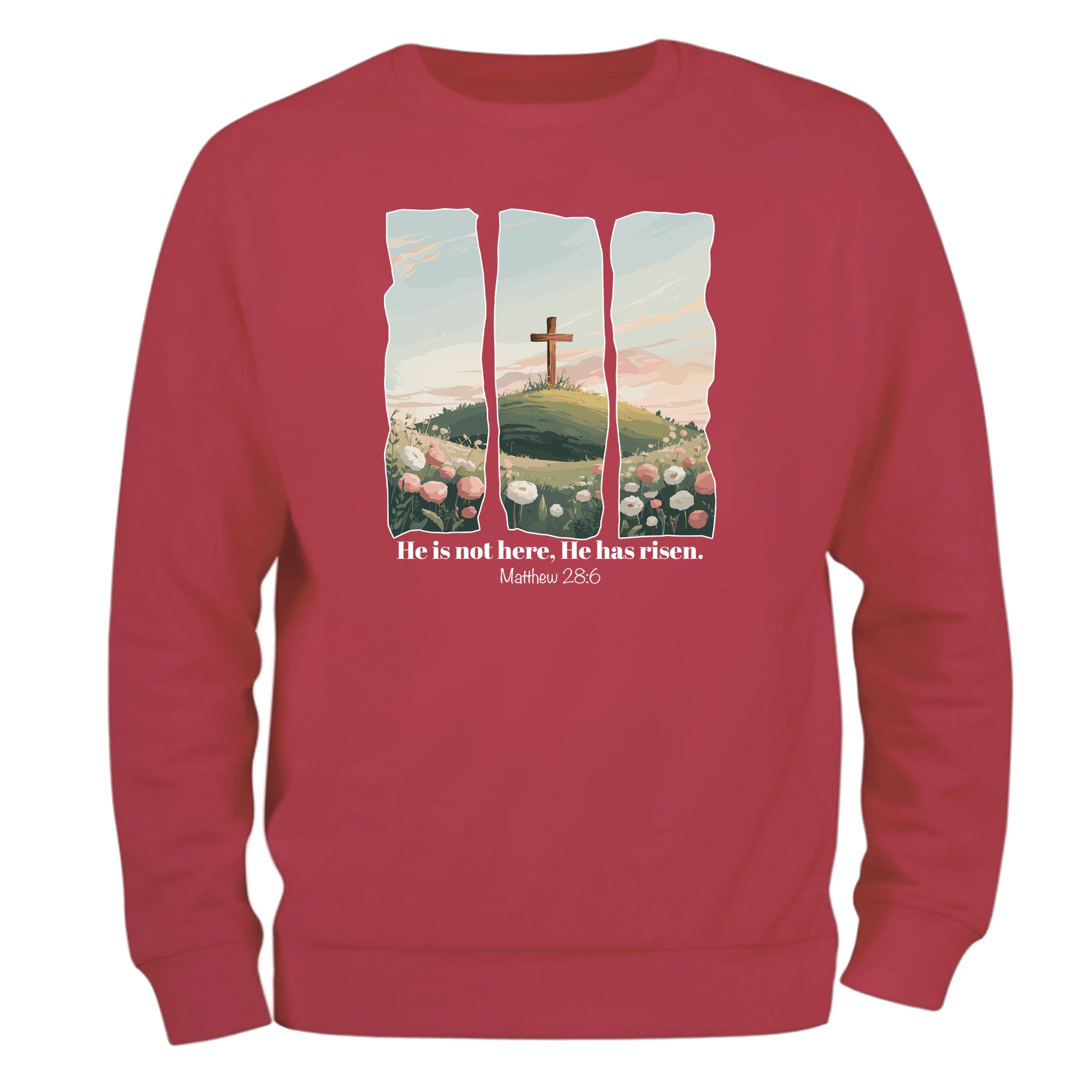 a red sweatshirt with a picture of a cross on it