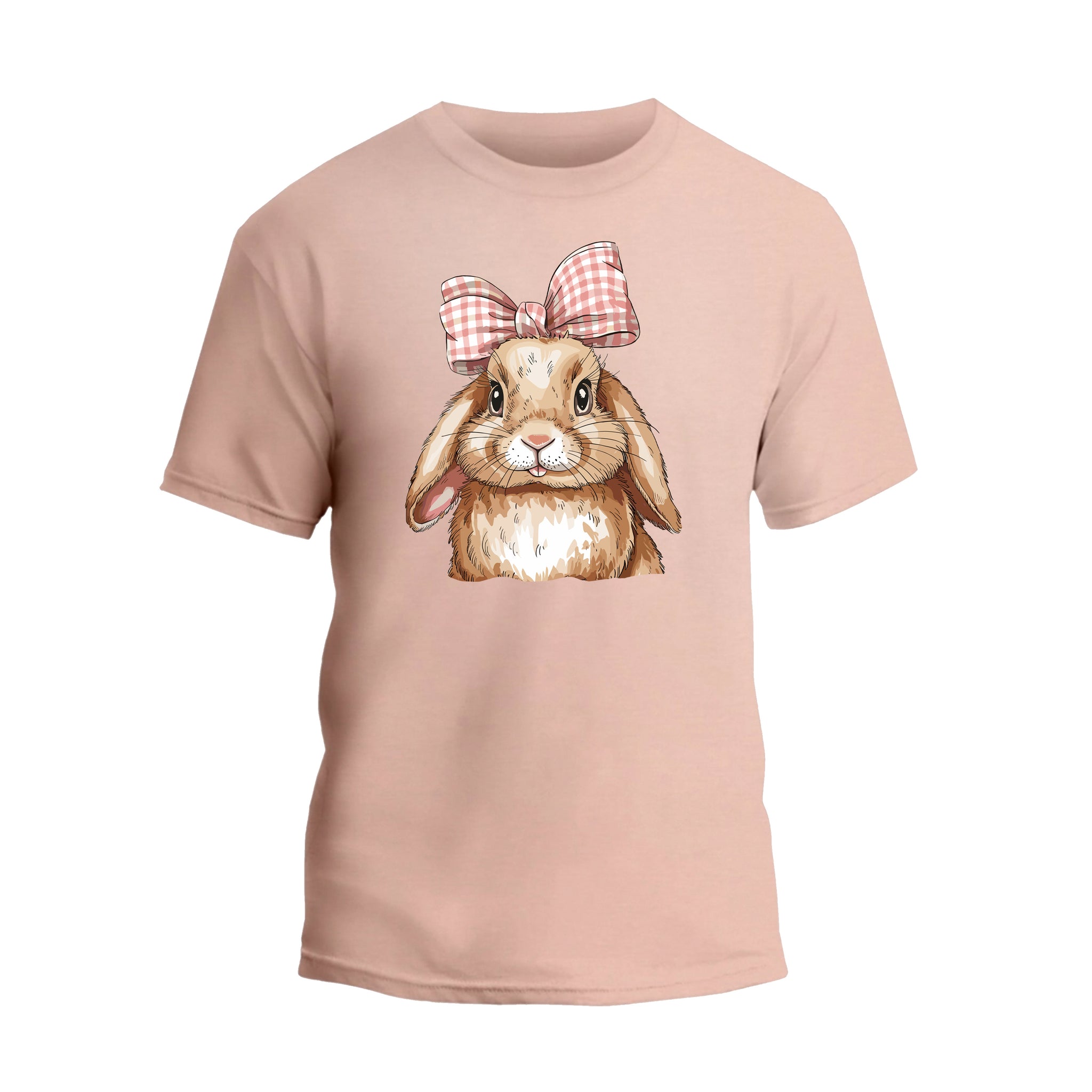 a pink t - shirt with a picture of a rabbit wearing a bow