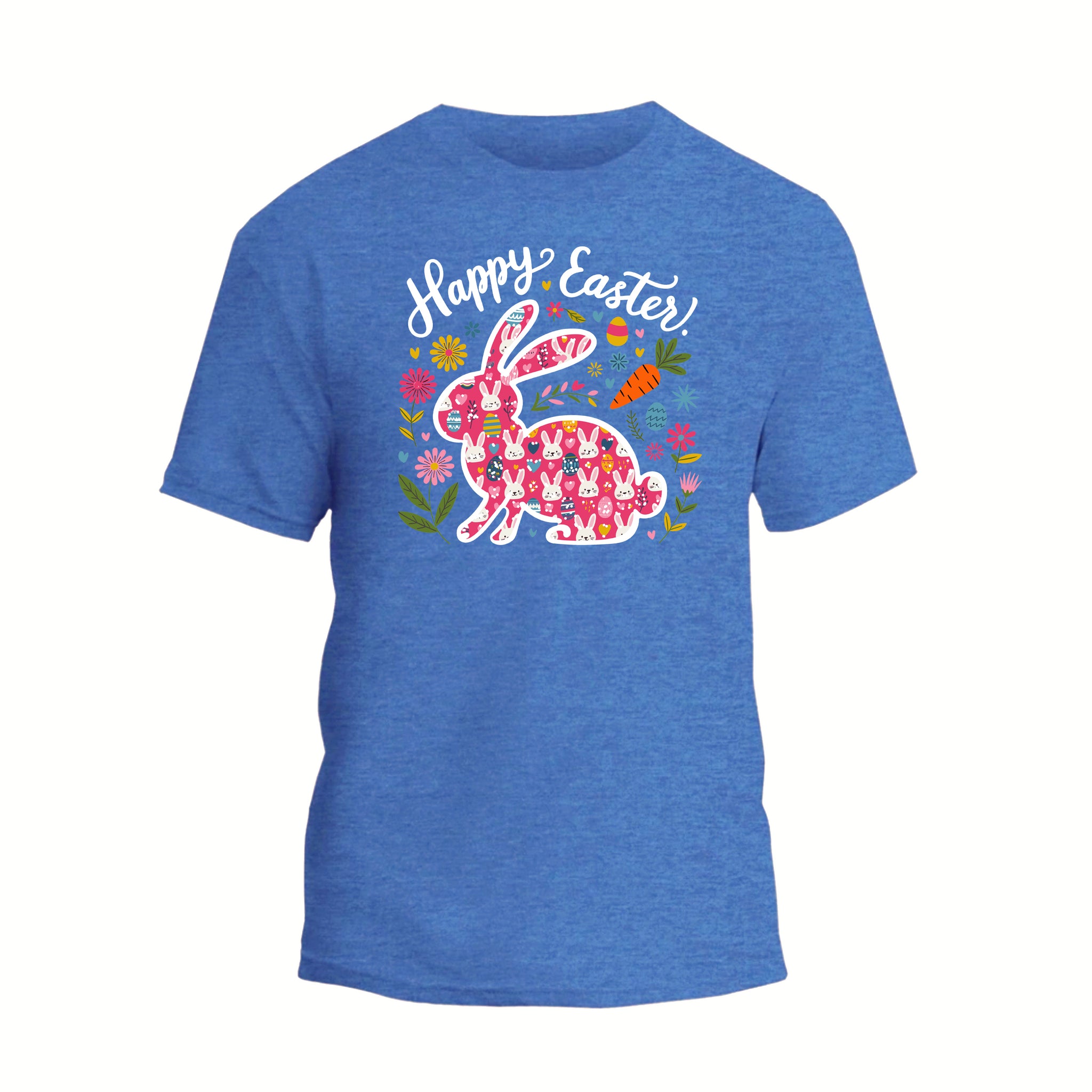a blue t - shirt that says happy easter
