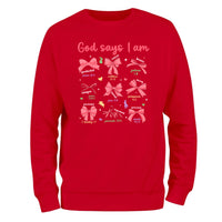 a red sweatshirt with the words god says i am on it