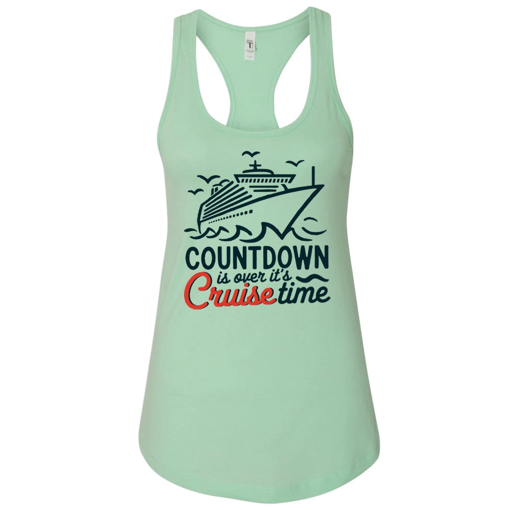 A mint green tank top with a graphic design depicting a cruise ship and the text "COUNTDOWN is over it's Cruise time" printed on it.