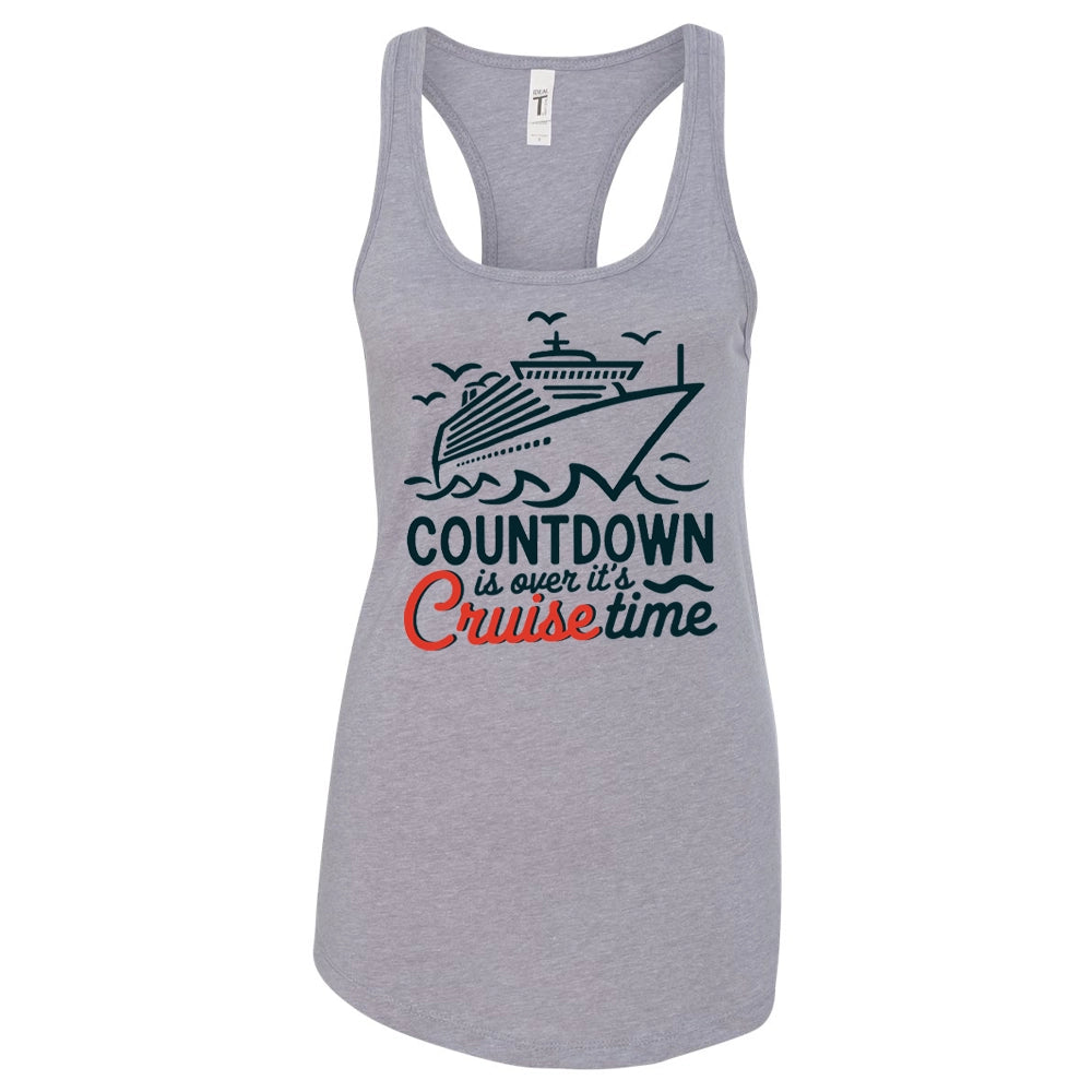 A gray tank top with a graphic design depicting a cruise ship and the text "COUNTDOWN is over it's Cruise time" printed on it.