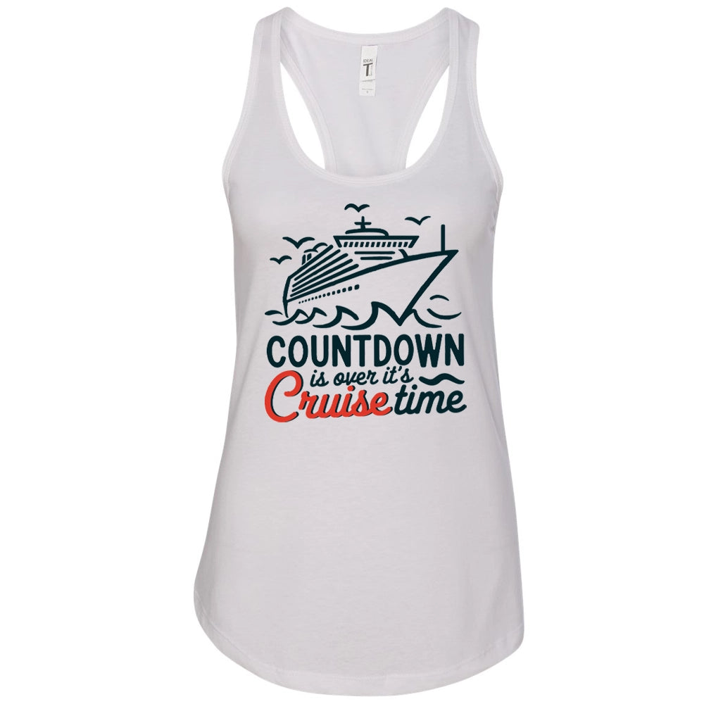A white tank top with a graphic design depicting a cruise ship and the text "COUNTDOWN is over it's Cruise time" printed on it.