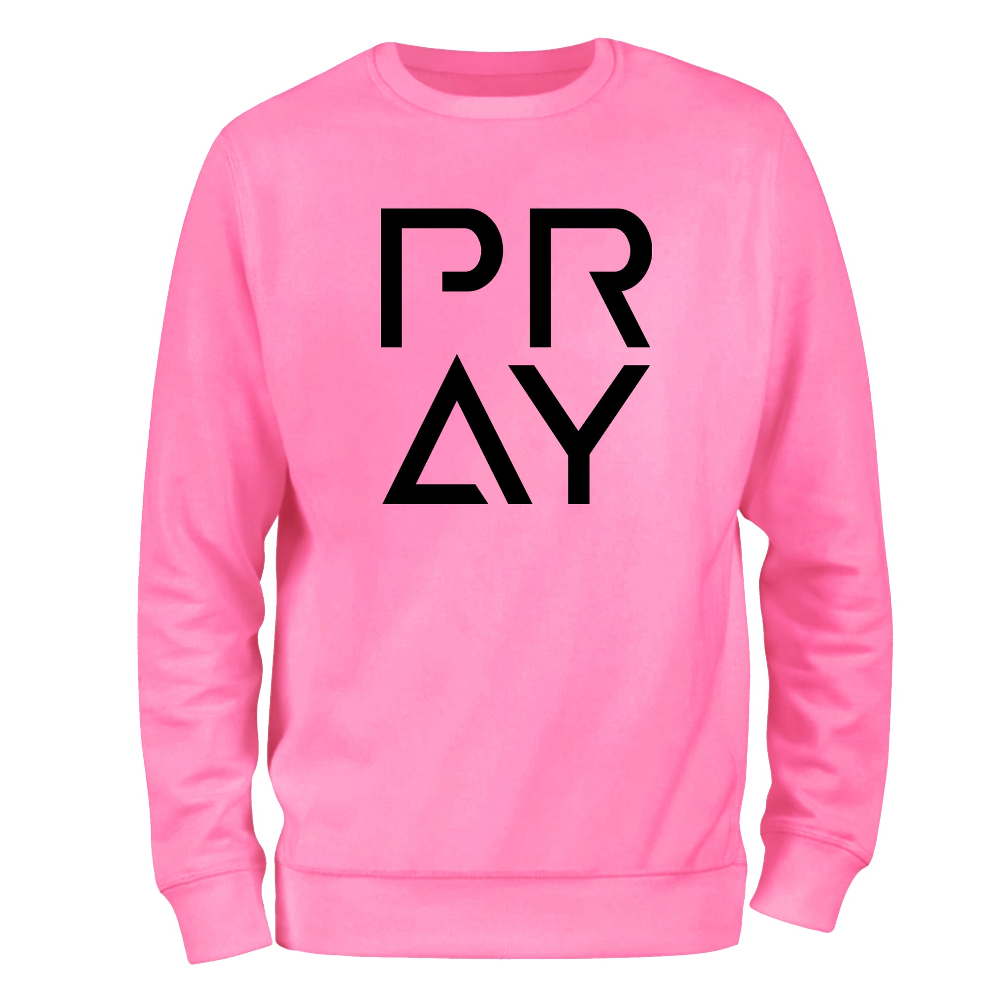 a pink sweatshirt with the word pray printed on it
