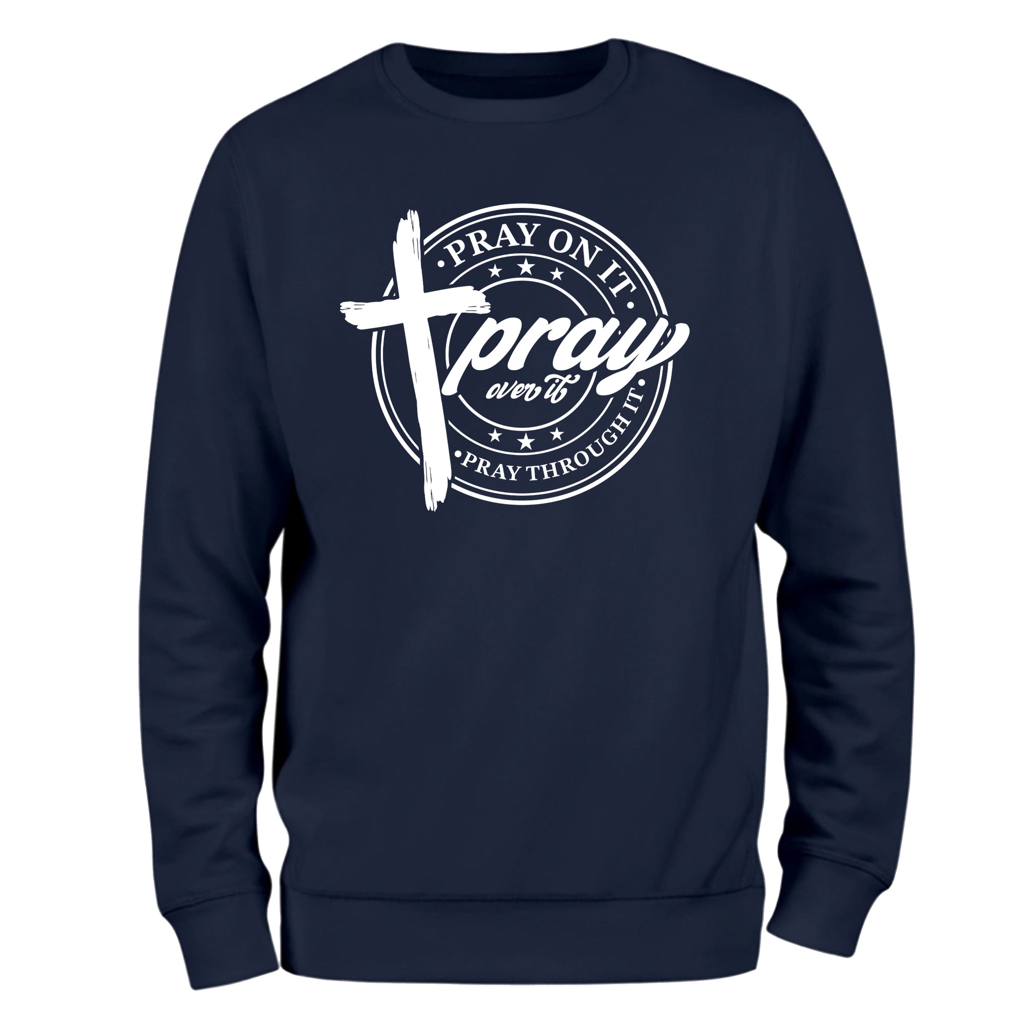 a navy sweatshirt with the words pray on it