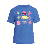 a blue t - shirt with a school bus on it