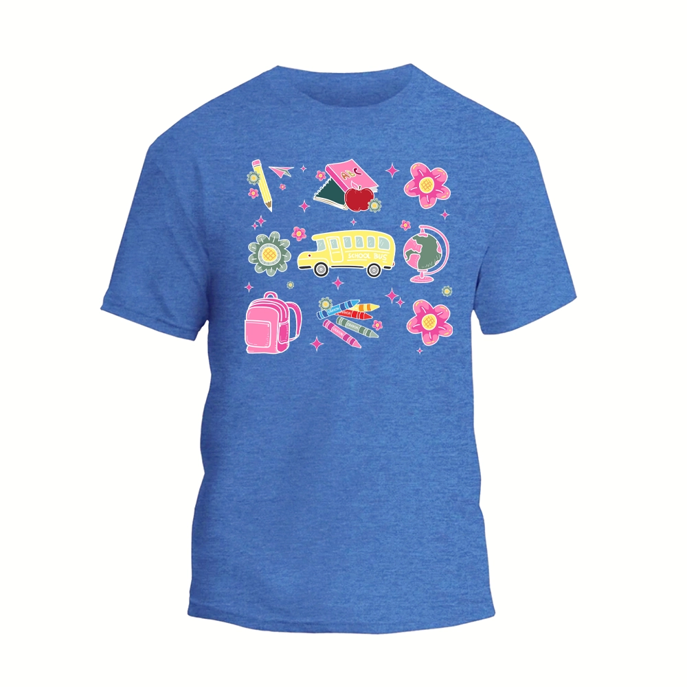 a blue t - shirt with a school bus on it