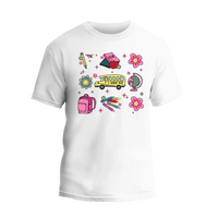 a white t - shirt with a bunch of stickers on it