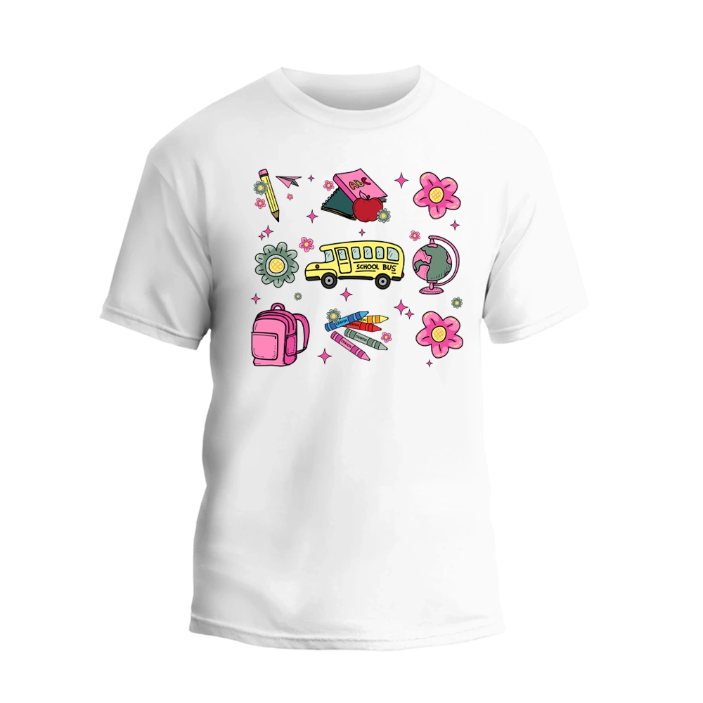a white t - shirt with a bunch of stickers on it