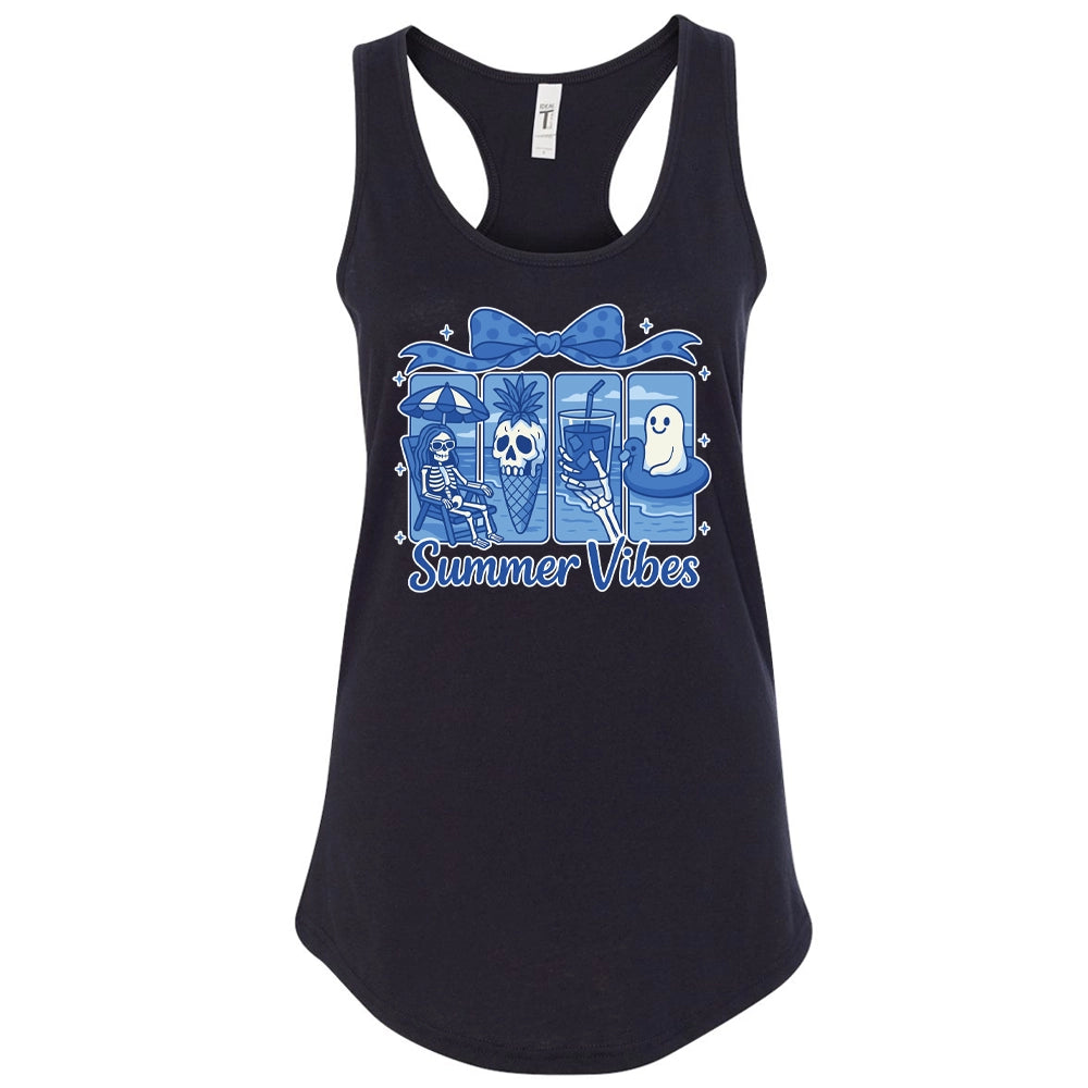 A black tank top with a graphic design featuring a skeleton, a ghost, and a palm tree, along with the text "Summer Vibes" printed on it.